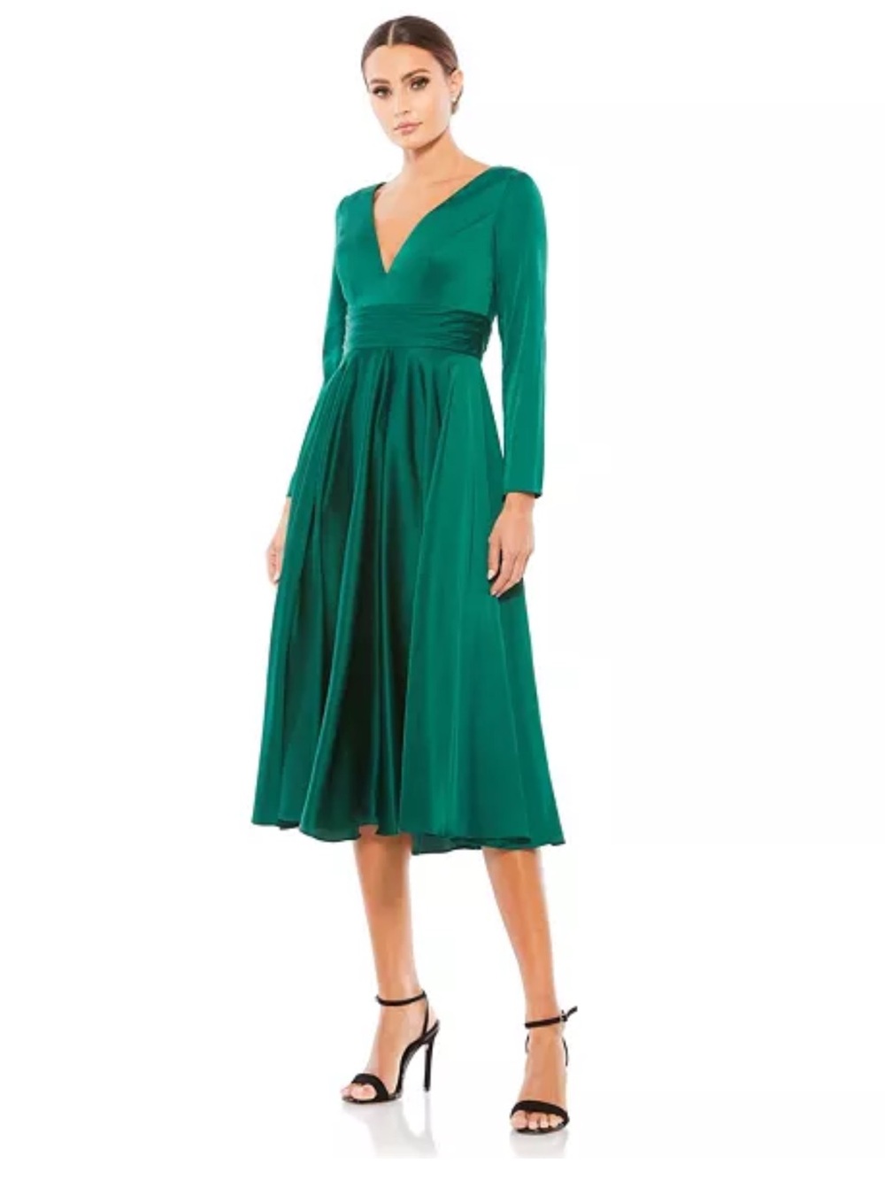 NWT  Ieena for Mac Duggal Long-Sleeve Pleated Satin Midi Dress